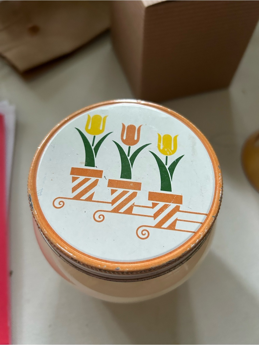 Vintage Tulip Ceramic Grease. Jar with Orange Accent - Unbranded
